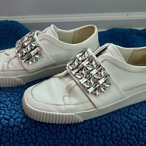 Karl Lagerfeld Jules Slip‑On Sneakers White Leather Crystal Strap 7M / 37.5